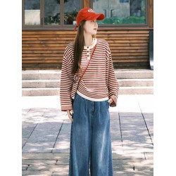 撞色條紋紅色毛衣女秋冬季寬松韓系慵懶風高級感針織圓領穿搭上衣