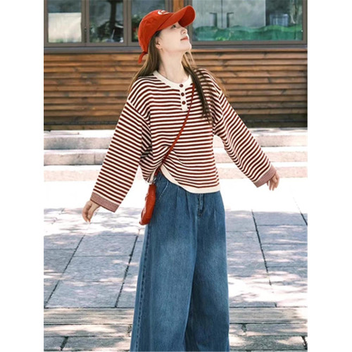 撞色條紋紅色毛衣女秋冬季寬松韓系慵懶風高級感針織圓領穿搭上衣