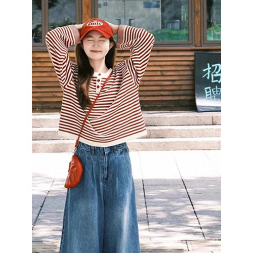 撞色條紋紅色毛衣女秋冬季寬松韓系慵懶風高級感針織圓領穿搭上衣