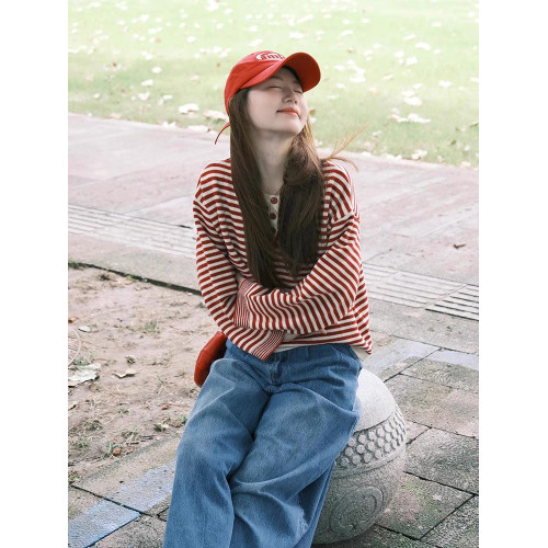 撞色條紋紅色毛衣女秋冬季寬松韓系慵懶風高級感針織圓領穿搭上衣