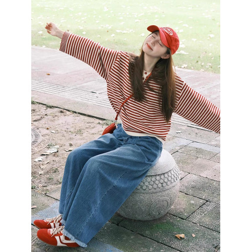 撞色條紋紅色毛衣女秋冬季寬松韓系慵懶風高級感針織圓領穿搭上衣