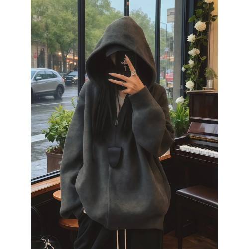 灰色拉鍊連帽毛衣慵懶高級感外套女秋冬2025新款軟糯針織衛衣開衫