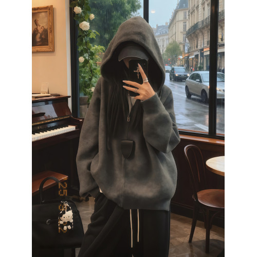 灰色拉鍊連帽毛衣慵懶高級感外套女秋冬2025新款軟糯針織衛衣開衫