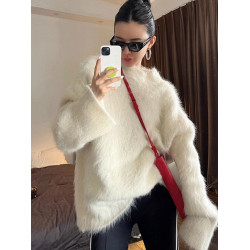 慵懶風白色水貂絨毛衣女秋冬軟糯糯高級感中長款馬海毛針織上衣厚