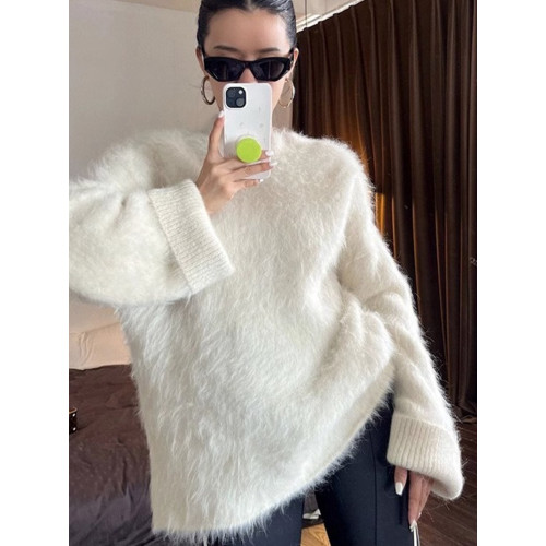 慵懶風白色水貂絨毛衣女秋冬軟糯糯高級感中長款馬海毛針織上衣厚