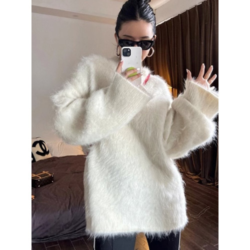 慵懶風白色水貂絨毛衣女秋冬軟糯糯高級感中長款馬海毛針織上衣厚