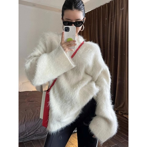 慵懶風白色水貂絨毛衣女秋冬軟糯糯高級感中長款馬海毛針織上衣厚