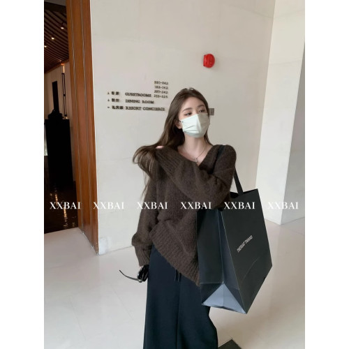 高級感慵懶風灰色v領毛衣女套頭秋冬新款寬松外穿中長款針織上衣