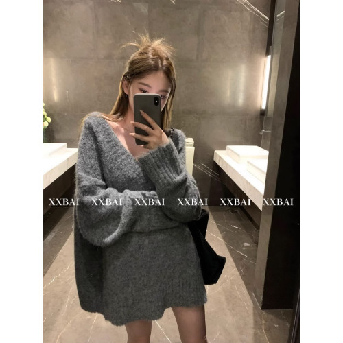 高級感慵懶風灰色v領毛衣女套頭秋冬新款寬松外穿中長款針織上衣