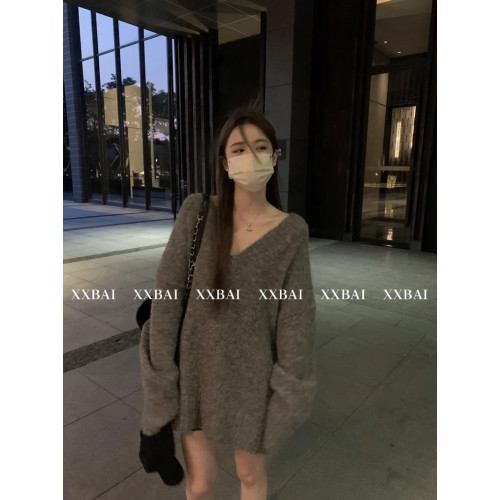 高級感慵懶風灰色v領毛衣女套頭秋冬新款寬松外穿中長款針織上衣