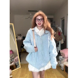 韓系慵懶風藍色奶fufu套頭毛衣女秋冬學院風穿搭寬松加厚針織上衣