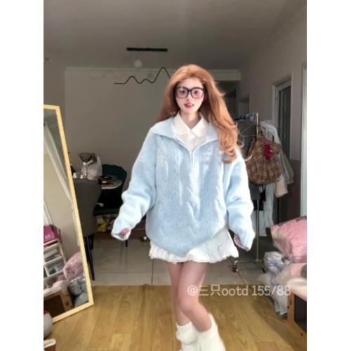 韓系慵懶風藍色奶fufu套頭毛衣女秋冬學院風穿搭寬松加厚針織上衣 韓系慵懶風藍色奶fufu套頭毛衣女秋冬學院風穿搭寬松加厚針織上衣