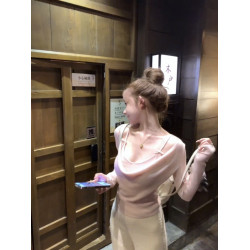 氣質粉色假兩件蕩領長袖針織t恤女秋冬季純欲修身絕美超好看上衣