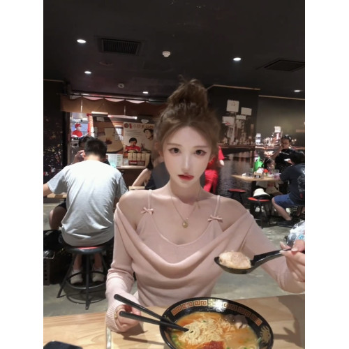 氣質粉色假兩件蕩領長袖針織t恤女秋冬季純欲修身絕美超好看上衣