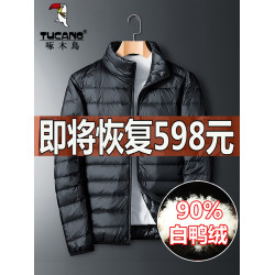 啄木鳥黑色白鴨絨輕薄短款羽絨服秋冬季男款立領保暖防風春秋外套