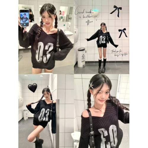 美式復古辣妹黑色露肩V領毛衣女秋冬2025新款寬松慵懶風針織外套