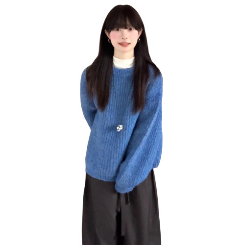 藍色圓領套頭毛衣女秋冬2025新款韓系巨好看慵懶松弛感針織衫上衣 藍色圓領套頭毛衣女秋冬2025新款韓系巨好看慵懶松弛感針織衫上衣