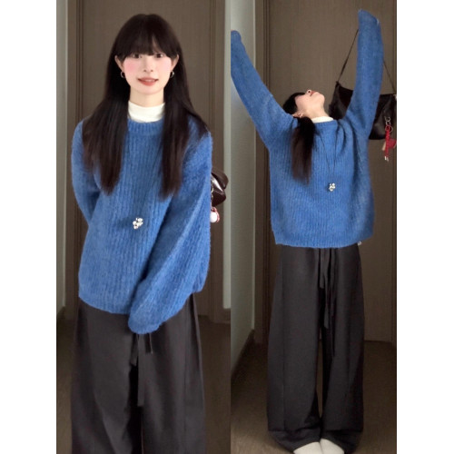 藍色圓領套頭毛衣女秋冬2025新款韓系巨好看慵懶松弛感針織衫上衣 藍色圓領套頭毛衣女秋冬2025新款韓系巨好看慵懶松弛感針織衫上衣