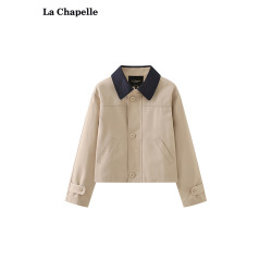 拉夏貝爾/La Chapelle巴恩風拼色翻領寬松外套女休閒短款夾克上衣