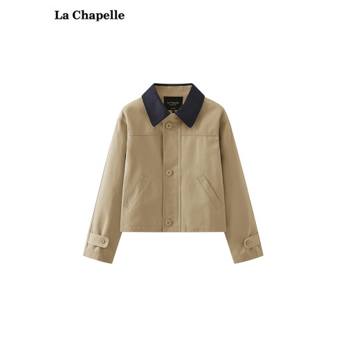 拉夏貝爾/La Chapelle巴恩風拼色翻領寬松外套女休閒短款夾克上衣 拉夏貝爾/La Chapelle巴恩風拼色翻領寬松外套女休閒短款夾克上衣