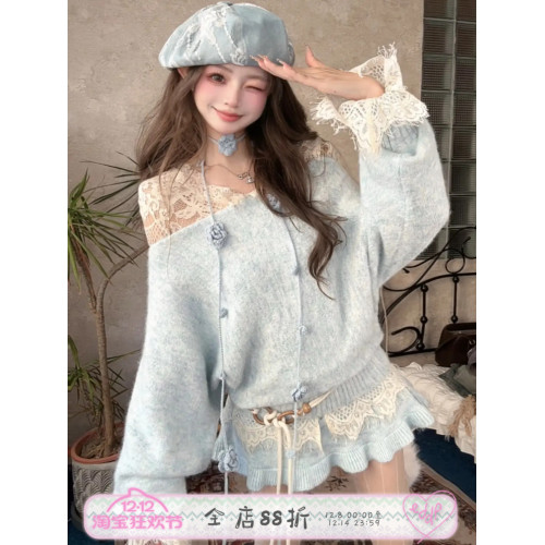 ｛奶思冰藍｝藍色慵懶氣質法式針織一字肩毛衣女秋冬款 顯瘦百搭