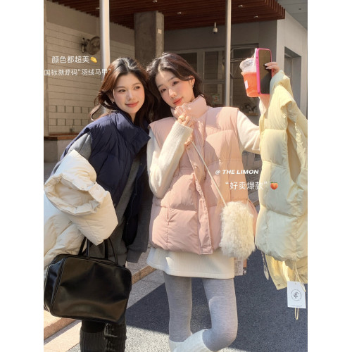 THE LIMON檸檬綠茶百搭寬鬆背心馬甲羽絨服女繙領立領加厚麵包服