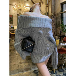 慵懶風韓系灰色針織毛衣女春冬一字肩獨特設計感寬松復古長袖上衣