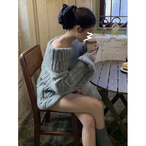 慵懶風韓系灰色針織毛衣女春冬一字肩獨特設計感寬松復古長袖上衣