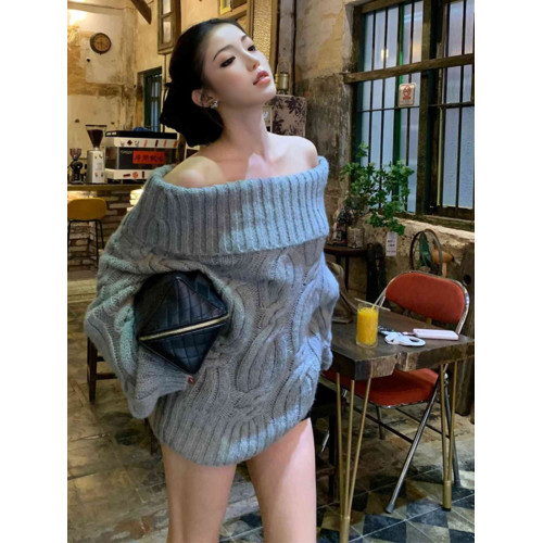 慵懶風韓系灰色針織毛衣女春冬一字肩獨特設計感寬松復古長袖上衣