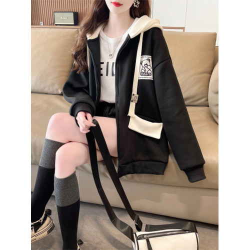 秋冬加絨加厚美式棒球服開衫外套女設計感小衆oversize連帽上衣服 秋冬加絨加厚美式棒球服開衫外套女設計感小衆oversize連帽上衣服