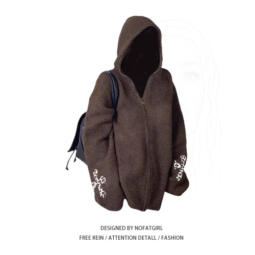 大碼胖妹妹美式復古拉鍊豹紋連帽針織開衫女秋冬慵懶寬松毛衣外套 大碼胖妹妹美式復古拉鍊豹紋連帽針織開衫女秋冬慵懶寬松毛衣外套