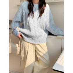 奶藍色慵懶風麻花毛衣女秋冬2025新款加厚高級感內搭套頭針織上衣