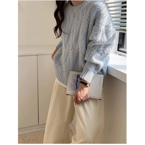 奶藍色慵懶風麻花毛衣女秋冬2025新款加厚高級感內搭套頭針織上衣