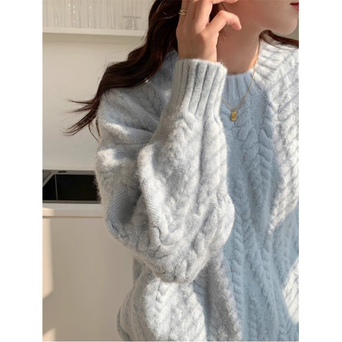 奶藍色慵懶風麻花毛衣女秋冬2025新款加厚高級感內搭套頭針織上衣