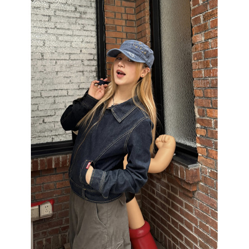 川川也美式做舊修身牛仔夾克外套女復古短款春秋新款上衣cleanfit 川川也美式做舊修身牛仔夾克外套女復古短款春秋新款上衣cleanfit