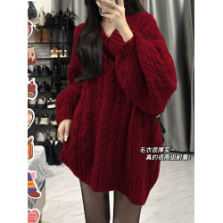 大碼胖MM復古V領酒紅色麻花毛衣女秋冬慵懶軟糯寬松百搭針織上衣