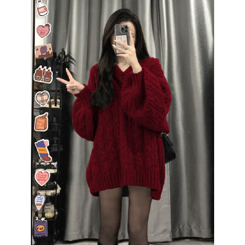 大碼胖MM復古V領酒紅色麻花毛衣女秋冬慵懶軟糯寬松百搭針織上衣