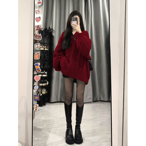 大碼胖MM復古V領酒紅色麻花毛衣女秋冬慵懶軟糯寬松百搭針織上衣