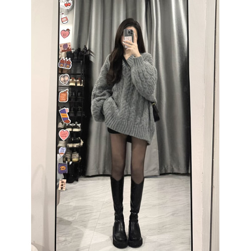 大碼胖MM復古V領酒紅色麻花毛衣女秋冬慵懶軟糯寬松百搭針織上衣