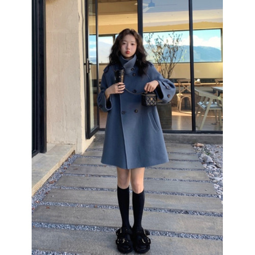 藍色雙面羊絨鬭篷大衣女2025新款秋冬小個子厚高級感短款毛呢外套 藍色雙面羊絨鬭篷大衣女2025新款秋冬小個子厚高級感短款毛呢外套