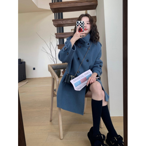 藍色雙面羊絨鬭篷大衣女2025新款秋冬小個子厚高級感短款毛呢外套 藍色雙面羊絨鬭篷大衣女2025新款秋冬小個子厚高級感短款毛呢外套