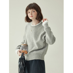 「北島AMUU原創」減齡拼色圓領長袖毛衣女25冬季新款寬松通勤上衣