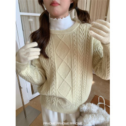 PPHOME自製~嬭油毛衣 韓代款菱格麻花寬鬆顯瘦長袖慵嬾針織衫圓領