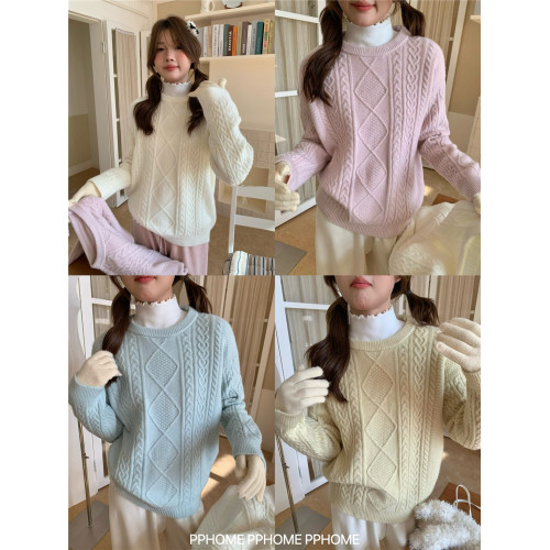 PPHOME自製~嬭油毛衣 韓代款菱格麻花寬鬆顯瘦長袖慵嬾針織衫圓領
