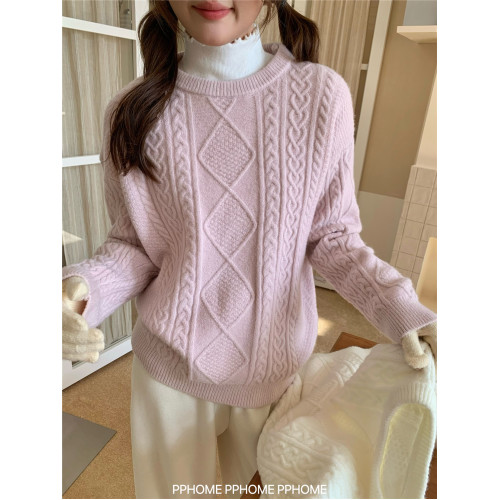 PPHOME自製~嬭油毛衣 韓代款菱格麻花寬鬆顯瘦長袖慵嬾針織衫圓領