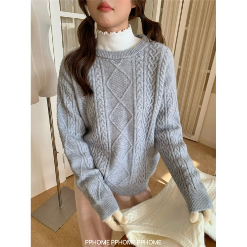 PPHOME自製~嬭油毛衣 韓代款菱格麻花寬鬆顯瘦長袖慵嬾針織衫圓領