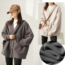 女士珠地棉加絨外套 一體奧麗絨保暖衛衣開衫 V領上衣秋冬款女裝