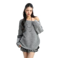 BIGGOLD韓系柳釘珍珠斜肩毛衣女秋冬慵懶感軟糯針織衫寬松上衣ins