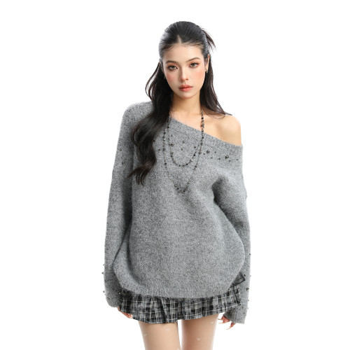 BIGGOLD韓系柳釘珍珠斜肩毛衣女秋冬慵懶感軟糯針織衫寬松上衣ins BIGGOLD韓系柳釘珍珠斜肩毛衣女秋冬慵懶感軟糯針織衫寬松上衣ins