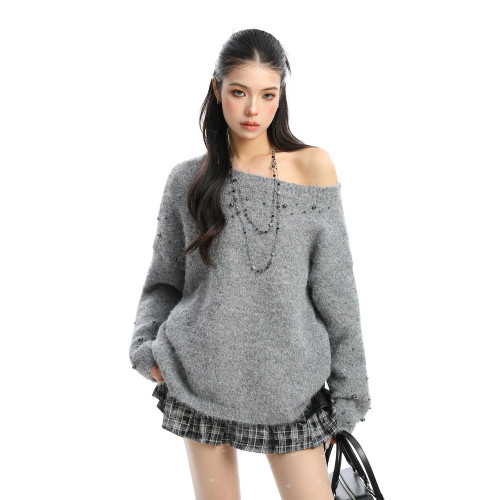 BIGGOLD韓系柳釘珍珠斜肩毛衣女秋冬慵懶感軟糯針織衫寬松上衣ins BIGGOLD韓系柳釘珍珠斜肩毛衣女秋冬慵懶感軟糯針織衫寬松上衣ins